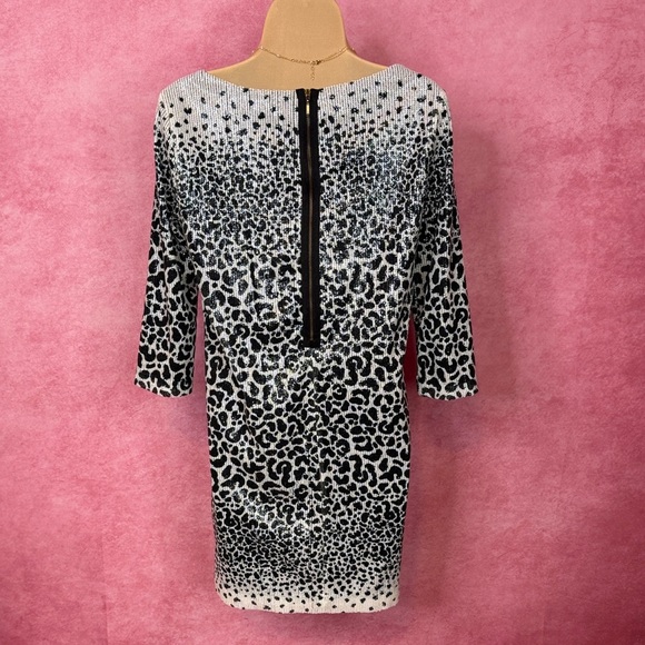 135. Zara Basic Sequin Leopard Print Mini Dress Black Silver Small - Picture 4 of 6